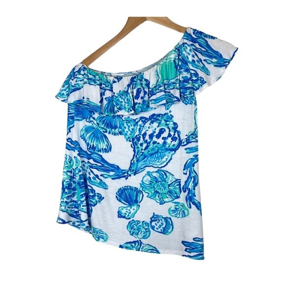 Lilly Pulitzer Neveah blue seashells ruffle one shoulder top blouse beach XS - Picture 3 of 9